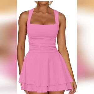 Kaximil Women's Square Neck Ruffle Hem Mini Dress Ruched Waist Pink